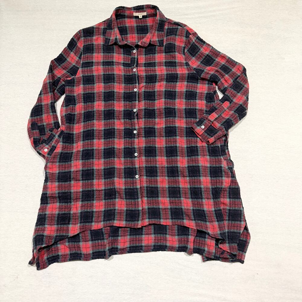 Easel‎ Plaid Crinkle Shirt Dress Tunic Red Black Long Sleeve Button Front Size M